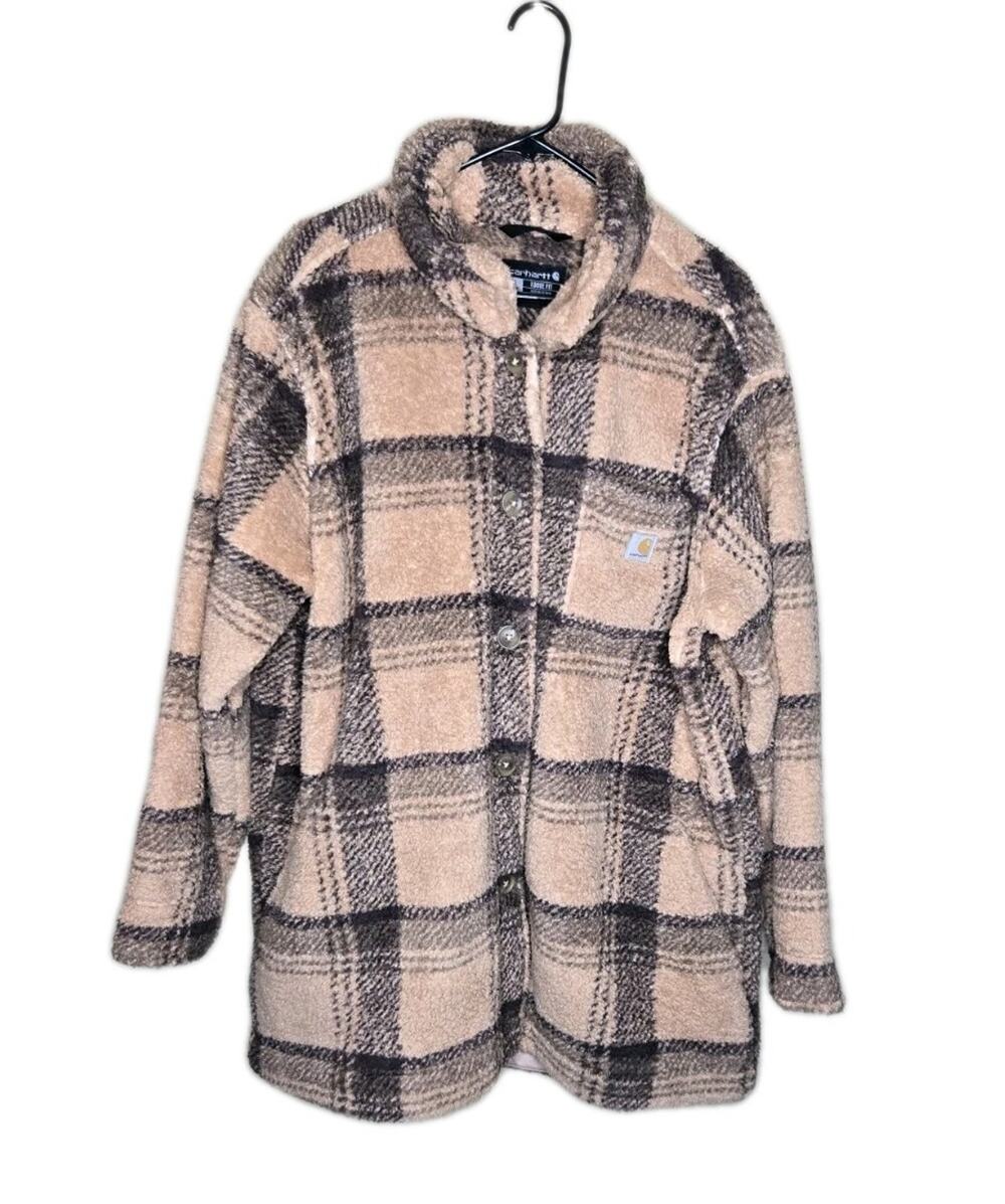 Carhartt Womens Sherpa Fleece Coat Light Taupe Plaid Pattern Size XL 16/18...